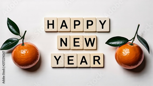 Happy new year celebration with wooden letter blocks and fresh oranges on white background