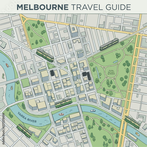 Vector style, flat illustration, an isometric tourist map of the Melbourne CBD, showing major grid laneways, green parks like the Royal Botanic Gardens, the Yarra River with tiny boats