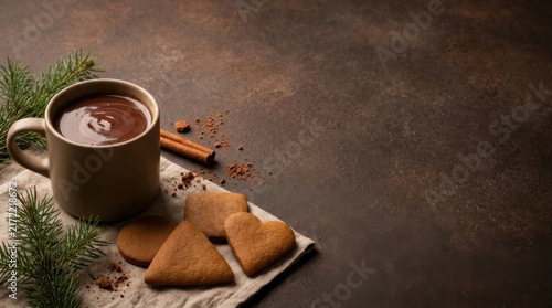 Rich Hot Cocoa Mug with Heart Shaped Gingerbread Cookies and Pine Branch Decor