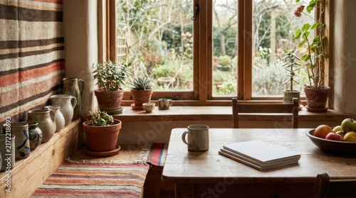 Cozy Sunlit Room Interior with Potted Plants and Open Book on Wooden Table