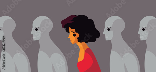 Foto woman walking through a crowd of expressionless npcs