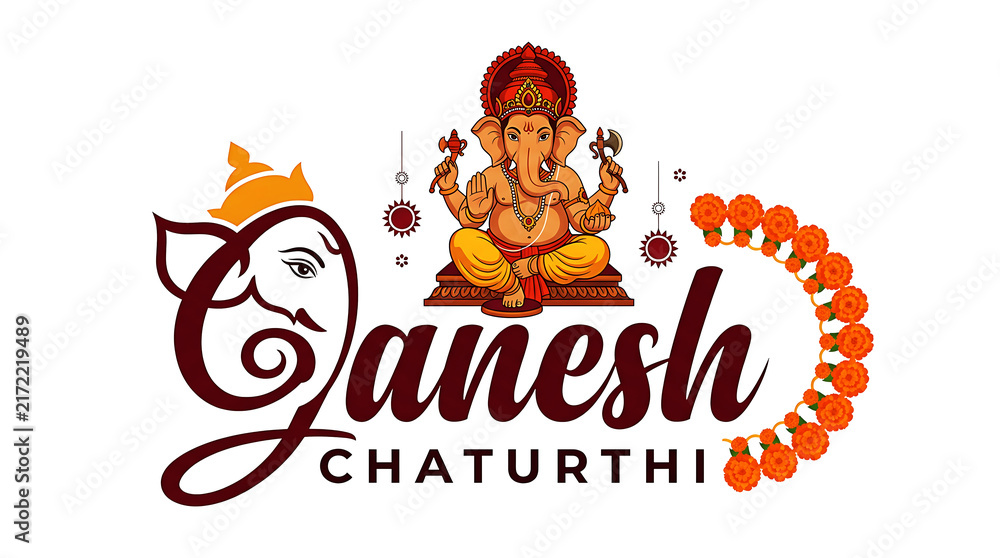 Fototapeta premium Flat illustrated Ganesh Chaturthi typography PNG with orange garland, red turban, and yellow dhoti, isolated on transparent background for festive design