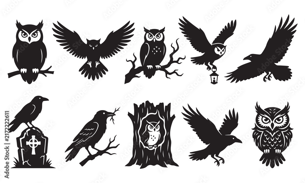 Fototapeta premium Collection of black owl and raven silhouettes in various poses, including perched on branches, flying, and on a tombstone, isolated on a white background, for halloween