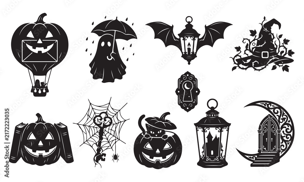 Fototapeta premium Collection of black silhouette halloween featuring a pumpkin hot air balloon, ghost with umbrella, bat lantern, witch hat, spider web with key, cat in pumpkin, and gothic archway