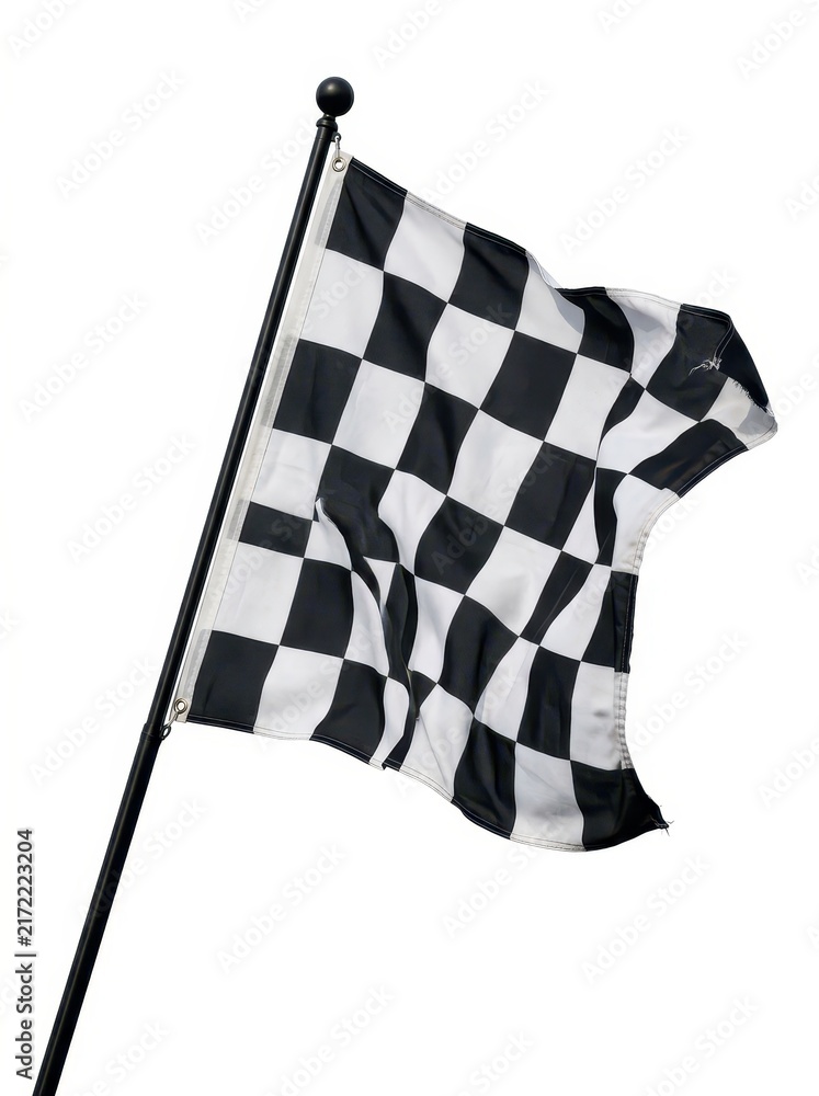 Fototapeta premium Black and White Checkered Racing Flag Isolated on White Background Symbolizing Finish Line and Victory
