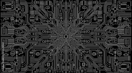 Monochromatic Black and White Microchip Circuit Board Architecture Pattern
