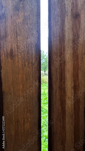 Dark wooden door frame with narrow gap showing green grass