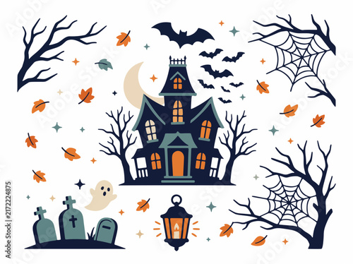 Halloween haunted house and spooky elements vector illustration