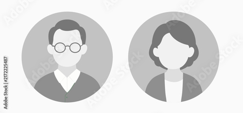 Male and female avatars featuring glasses and modest headwear in grayscale. Suitable for user profiles, community platforms, social networks, and web applications.