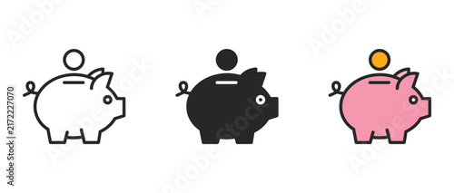 Foto Piggy Bank Icon Set: A collection of three stylized piggy bank icons, each featuring a coin being inserted, representing savings and financial growth
