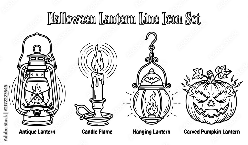 Fototapeta premium Set of hand drawn halloween lantern icons featuring an antique lamp a candle a hanging light and pumpkin