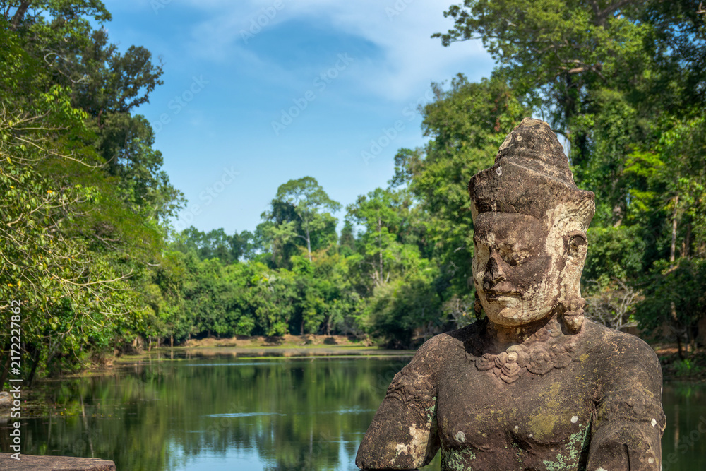 Naklejka premium Deva statue at Preah Khan temple west gate in Angkor, Siem Reap, Cambodia