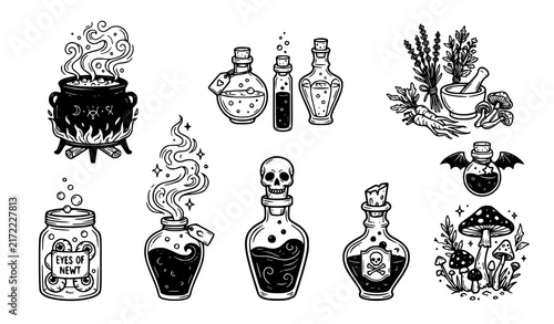 Bild auf Leinwand Set of hand drawn witch craft elements including magic potions cauldrons skulls