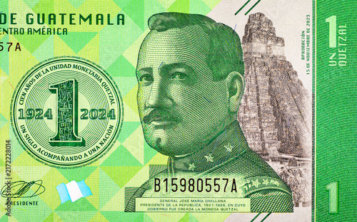 1 Quetzal, Guatemala with a portrait of General Jose Maria Orellana. Money of Guatemala