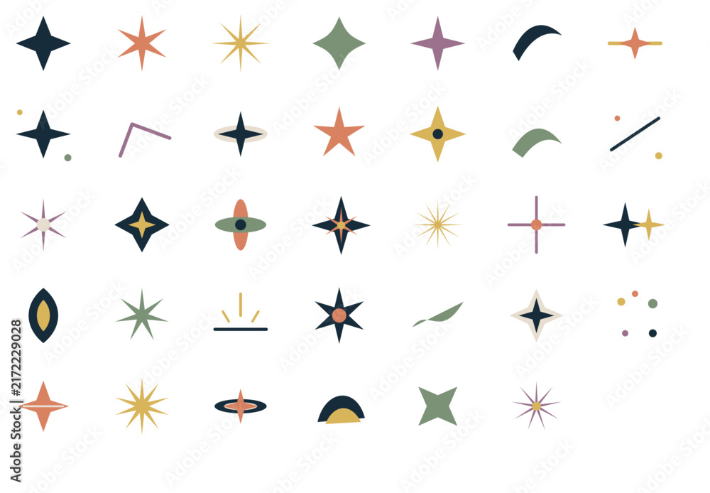 Obraz premium Set of boho spark and star icons, aesthetic colorful vector sparkles elements