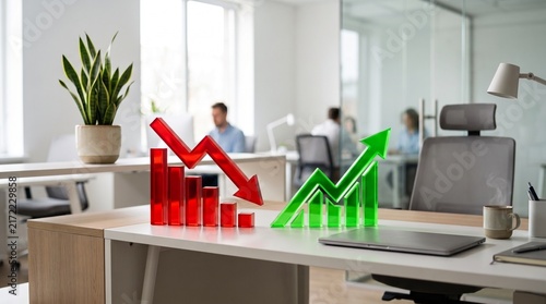 Financial indicators showing cost fluctuations with rising and falling 3D charts in modern office