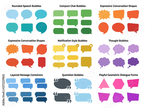 Flat lay vector illustration presenting various colorful speech and thought bubbles over white background