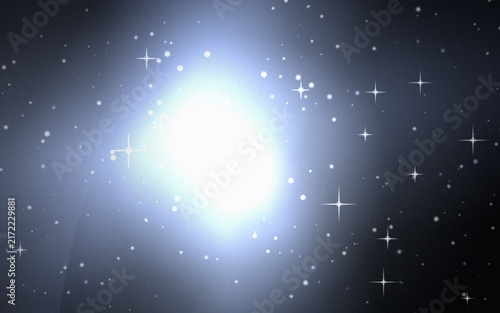 Bright glowing nebula in a dark blue space background, with scattered white, stars and sparkling, starburst light flares, in the night sky