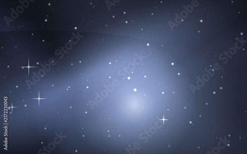 Dark cosmic background, featuring a soft, blue nebula, numerous, scattered white stars, and bright twinkling, starbursts in the, deep night sky view