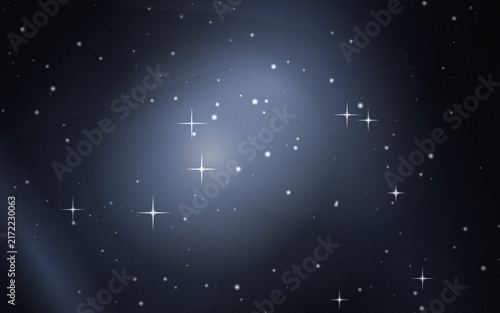 Deep blue night sky background, featuring a central, glowing nebula effect, with scattered white, stars and bright, twinkling four-pointed stars