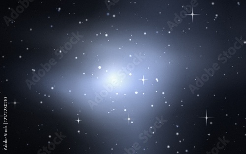 Night sky background, with a bright, central light source, surrounded by scattered, white stars and, twinkling four-pointed star, shapes in blue