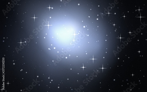A dark night sky background, featuring a bright, glowing nebula with, scattered white stars, and sparkling light, flares in deep, blue space