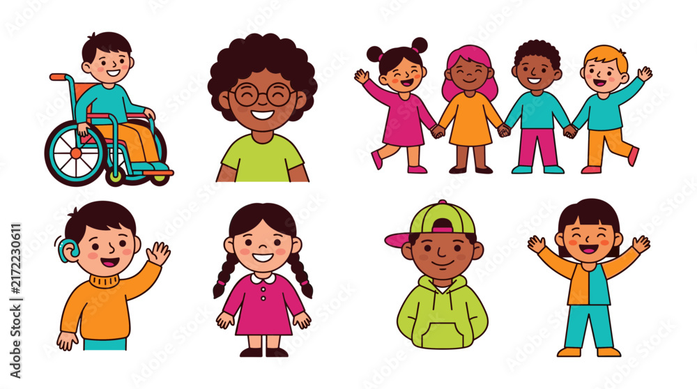 Fototapeta premium Children Set with Diverse Appearances and Abilities, Smiling and Waving. Inclusive Friendship Illustration for Kids and Families.