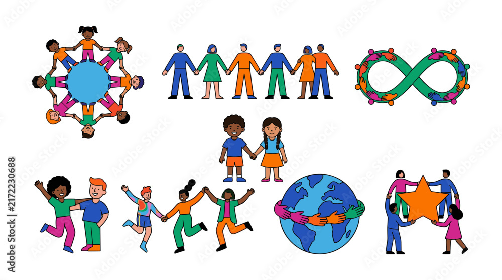 Fototapeta premium Infinity Symbol with Diverse People Holding Hands, Representing Global Unity and Interconnectedness Featuring Community, Earth