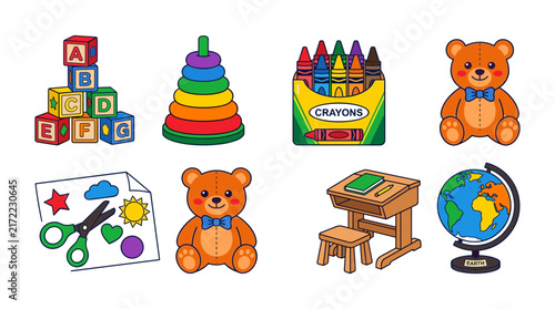 Crayons and Toys Illustration Set with Colorful Blocks, a Teddy Bear, and School Supplies for Early Childhood Learning.