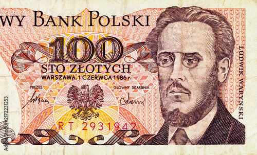 Fragment of a 100 Zlotych banknote of Poland 1986. Paper money of Poland