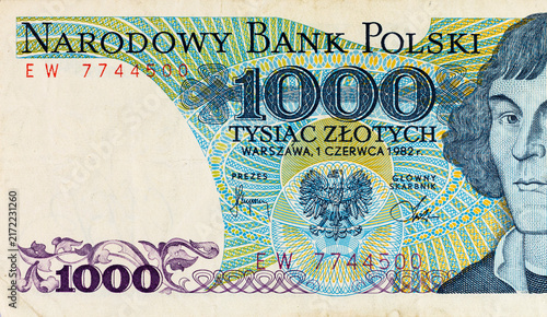 1000 Zlotych of Poland with a portrait of astronomer Nicolai Copernik. Paper money of Poland