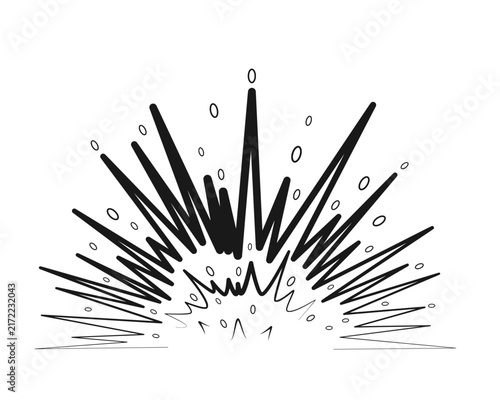 Black hand drawn doodle explosion with jagged spike rays and scattered ovals on transparent, comic sketch burst element design.