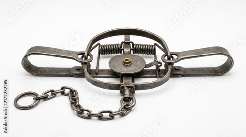 Metal animal trap with chain and springs on white background