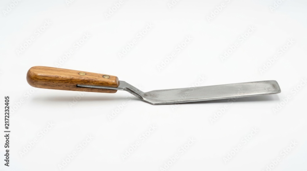 Fototapeta premium Simple metal trowel tool with wooden handle isolated on white background