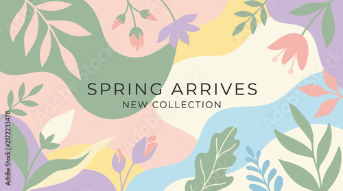 Pastel abstract organic shapes and leaves floral background vector