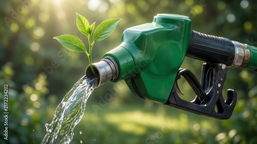 Green fuel nozzle with a plant sprout growing out of it, symbolizing eco-friendly energy, biofuel, and sustainable transportation in a sunny natural environment