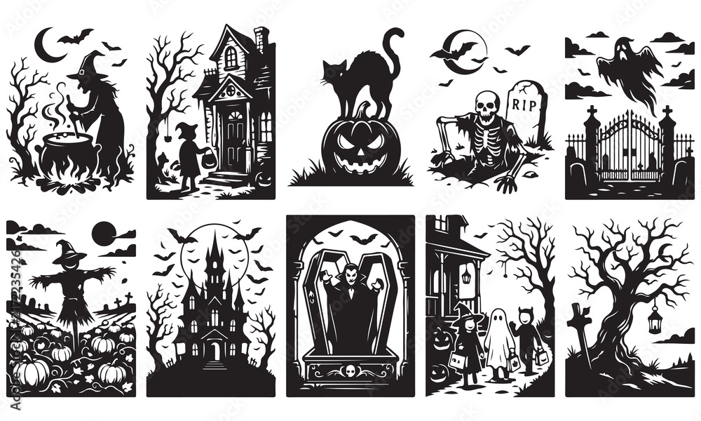Fototapeta premium Set of ten distinct halloween featuring black silhouettes of witches, vampires, haunted mansions, skeletons, and carved pumpkins on a clean white background, for holiday decor