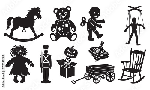 Quadro su tela Set of vintage toy silhouettes including a rocking horse, a teddy bear, a wind-u