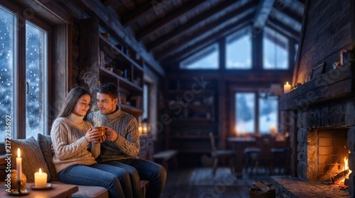 Couple Relaxing on Sofa in Rustic Wooden Cabin with Fireplace and Winter View