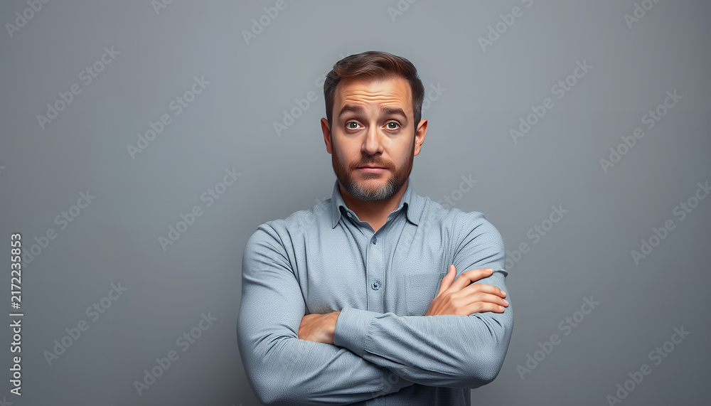 Obraz premium Surprised man with crossed arms looking at camera on grey background