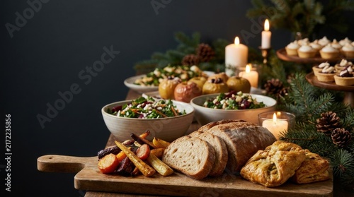 Festive Holiday Buffet Feast with Roasted Meat Bread and Candles on Dark Table