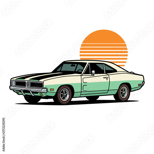 Retro American Muscle Car Illustration with Striped Orange Sunset, Classic Vintage Coupe in Mint Green and Black on White Background
