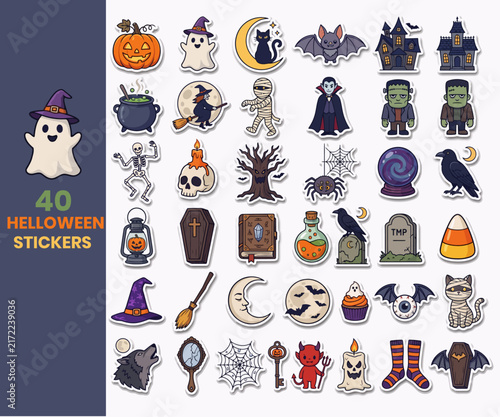 40 Cute Halloween Stickers Set with Ghost, Pumpkin, Witch, Bat and Spooky Characters