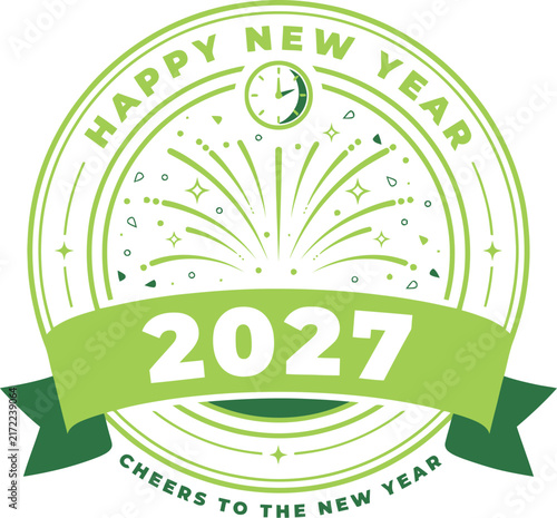 Happy New Year 2027 Green Celebration Badge Vector Logo
