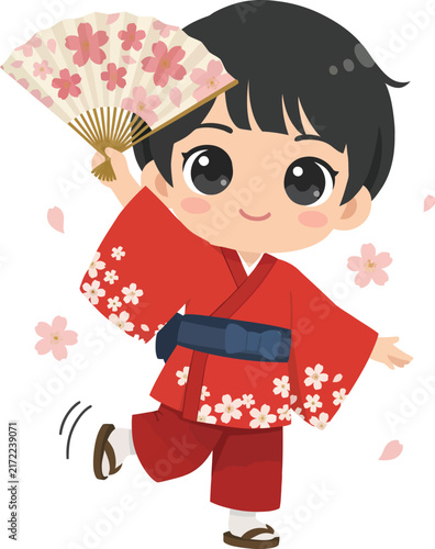 Cute Japanese Boy Dancing in Kimono Holding Hand Fan Illustration