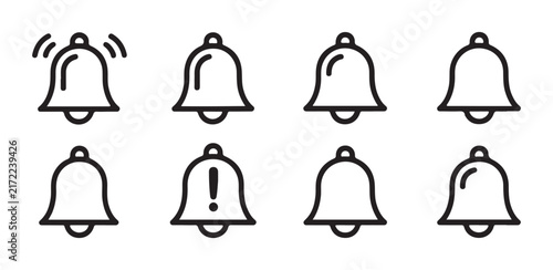 Bild auf Leinwand Outline bell notification icon set with linear stroke designs for modern user interface and application alerts