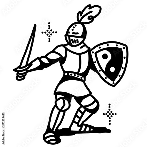Fotografía Armored knight in battle stance with sword and shield, bold edgy black line art