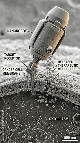 Nanorobot precisely delivers therapeutic agents into malignant cell membrane, targeting specific receptor site for advanced nanotechnology medical therapy application.