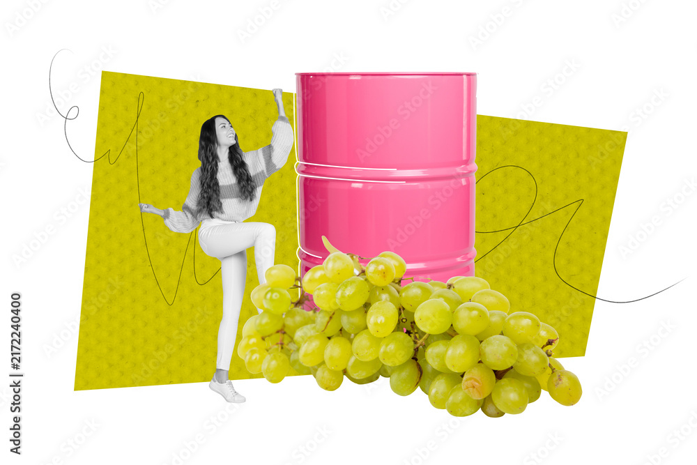 Fototapeta premium Composite art 3d creative image collage of happy girl dance wine grape branch pink barrel juice creation harvest sweet berry