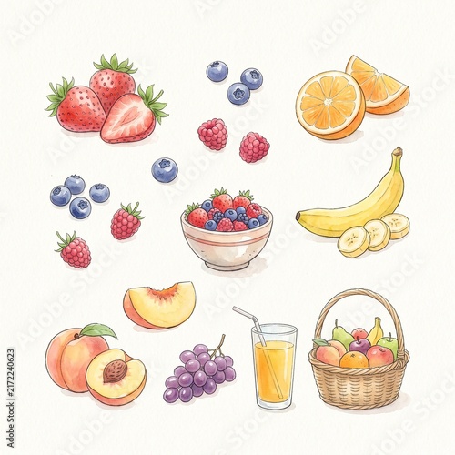 Watercolor Fresh Fruit Breakfast Collection with Berries and Orange Juice